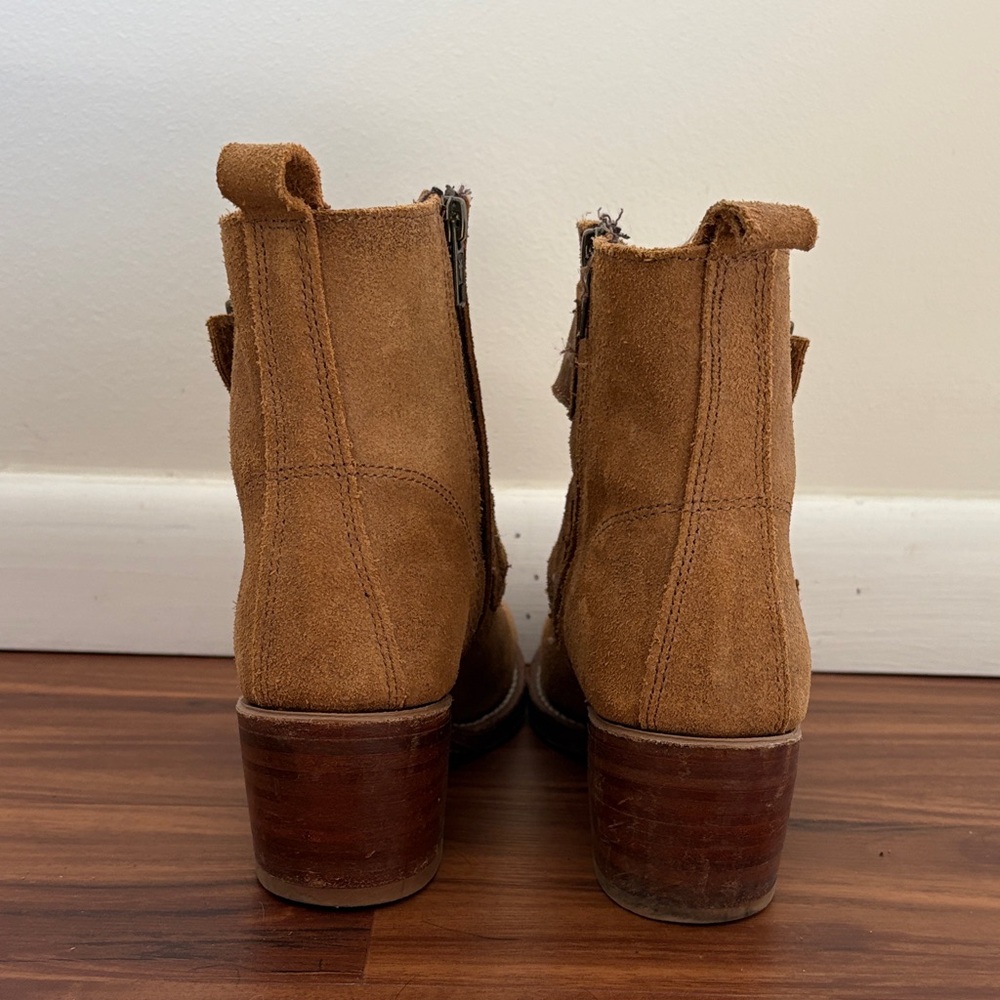 Frye Tan Suede Double-Buckle Heeled Ankle Boots - Picture 15 of 15